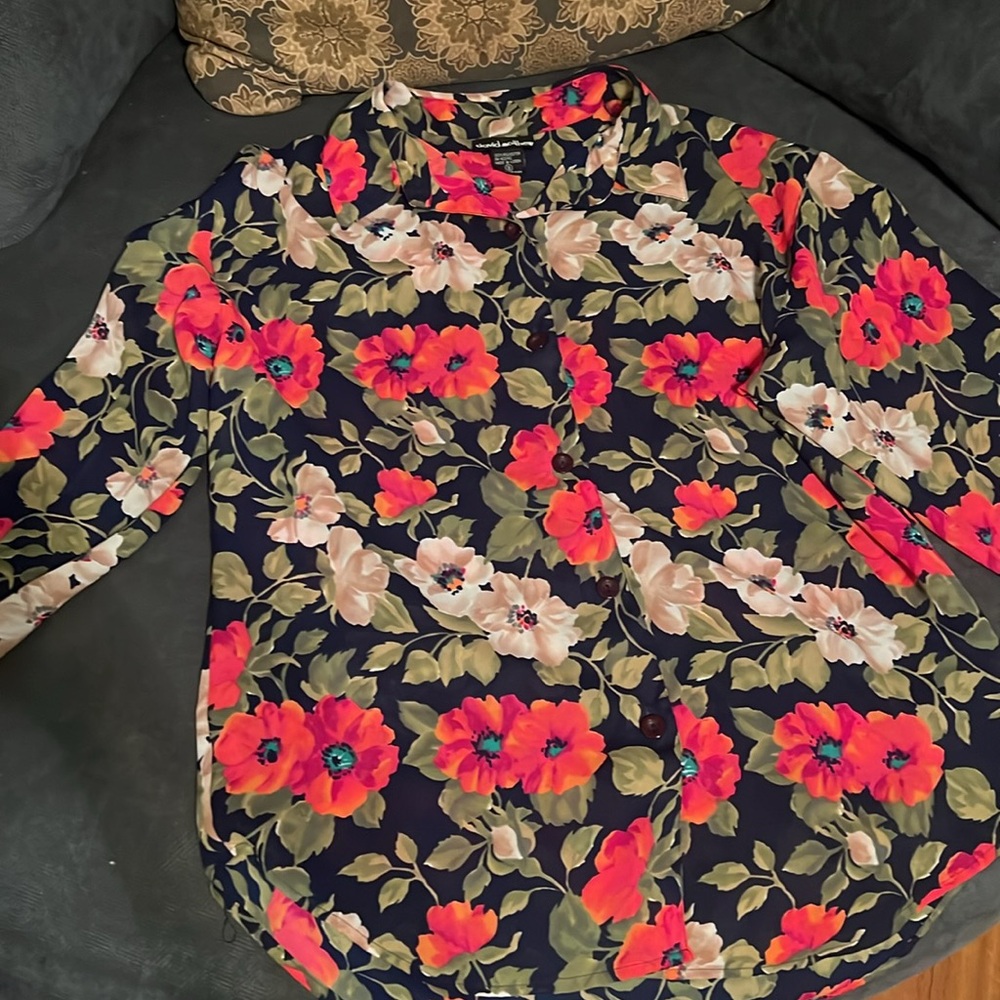 David Matthew Size 8 Navy Floral Button Up Blouse… - image 2